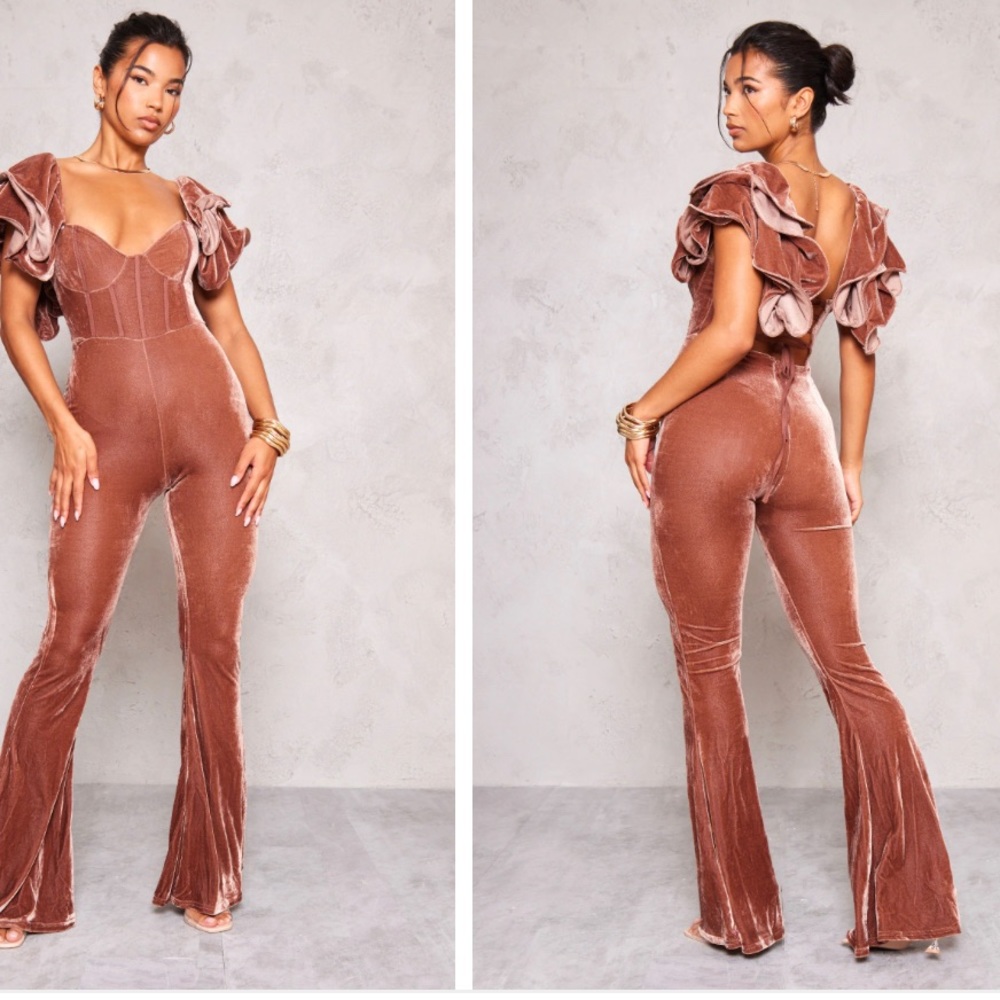 Chocolate Velvet Lace Up Back Frill Sleeve Jumpsuit